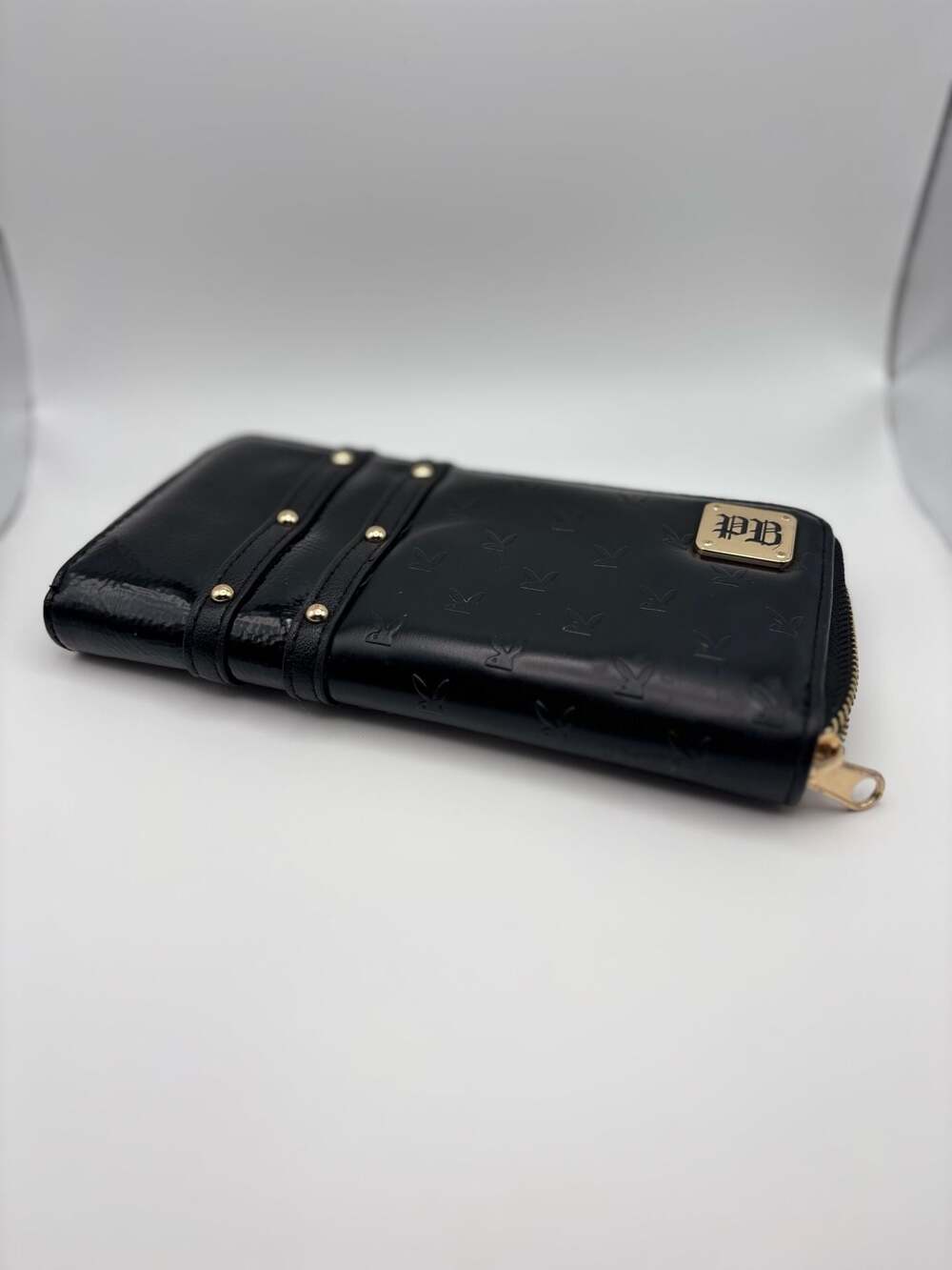 Y2K Playboy Black Embossed Bunny Logo Zip-Around Wallet with Studded Detail
